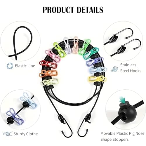 Travel Washing Line, Portable Clothesline Outdoor with 12 Clips Elastic Clothesline for Indoor Outdoor Balcony Travel Camping (Multicolour) — view 3