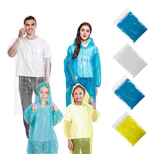 hoinya 4 Pack Disposable Rain Poncho, Waterproof Rain Ponchos for Adults and Kids Family Pack - Emergency Lightweight Raincoat with Hood and Sleeves for Camping Hiking Climbing