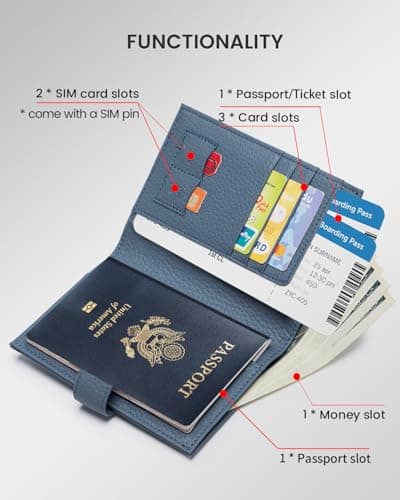 Karmiir RFID Passport Holder for Travel, Leather Passport Sleeve with Card Holder, SIM Slot, Zipper Coin Pocket and Cash Pocket, Slim Compact Travel Wallet, darkblue, 10.5 * 14 * 1.5 cm / 4.1 * 5.5 — view 2