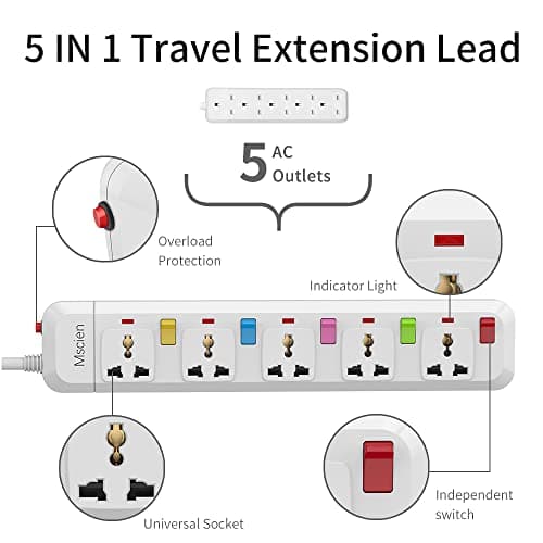 Mscien 5 Way Extension Lead with Switches, Travel Overload Protector Power Strip UK To USA with 1.8M Extension Cord — view 2