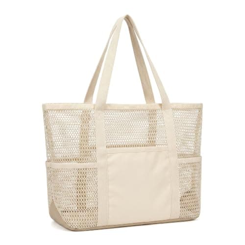 MIGIFTDY Beige Mesh Beach Bag Storage Tote,Stylish Beach Tote for Swimming, Multi Compartment Mesh Organizer with Extra Side Pockets, Quick Dry Breathable Foldable Shower Pool Gym Storage Handbag