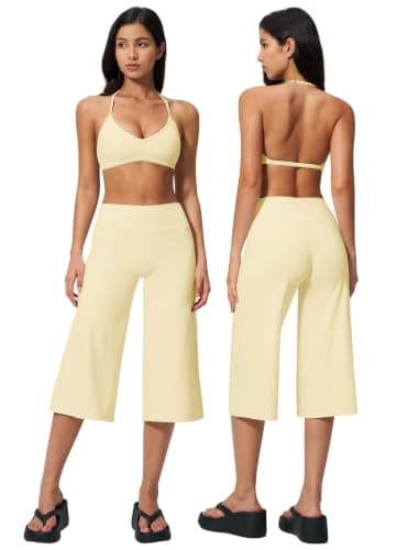 ABOCIW Workout Sets for Women Two Piece Halter Sports Bra Matching Wide Leg Capri Pants Gym Work Yoga Pilates Outfits, Butter Yellow, Large