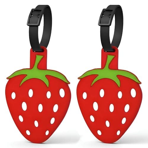 Strawberry Silicone Luggage Tags for Suitcases, 2 Pack Fruit Travel Name Labels with Adjustable Straps, Cute Bag Identifiers for Carry On Bags, Backpacks, School Bags and Summer Trips