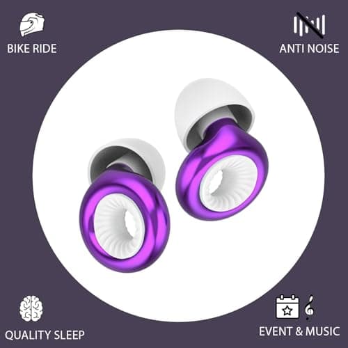 Reusable Ear Plugs for Sleep - Noise Cancelling, Snoring, Travel, and Concerts | 25dB Hearing Protection with Noise Reduction | Comes with 8 Ear Tips and XS/S/M/L - Black (Purple) — view 2