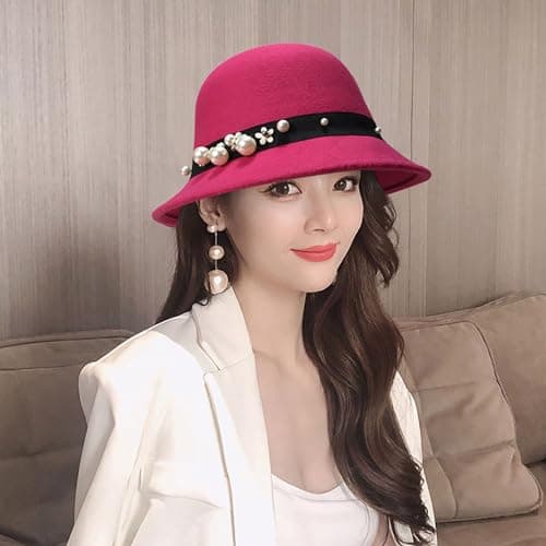 Wool Hat and Winter, Korean Version of British Retro Wool Sunscreen Fishing Hat, European and American Dome Cylinder Hat Stylish, Hot Pink, One Size — view 3