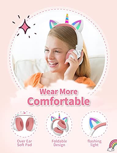 YUSONIC Unicorn Headphones for Girls, Unicorn Bluetooth Headphones Foldable for Girl Toddlers Tablet/pad/Amazon fire,Light Up Kids Wireless Headphone Birthday Gifts (White) — view 4