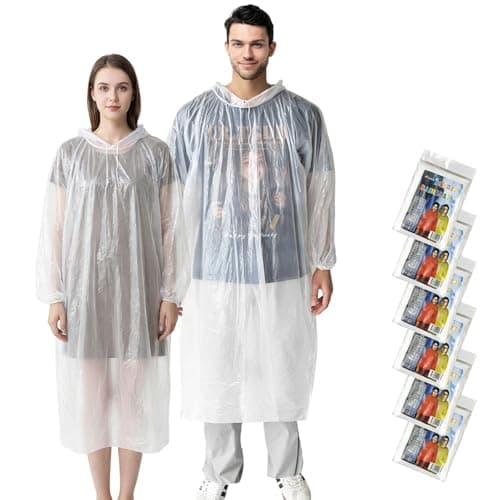 adult Waterproof rain Poncho Raincoats for Outdoor Concert, Camping, Theme Park, Hiking - Clear, 6 Pack