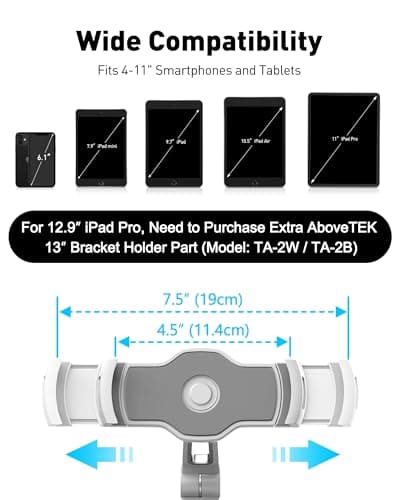 AboveTEK Tablet Stand with Suction Cup, Adjustable Tablet Holder Mount for Desk, Car Windscreen, Mirror or Glass – Fits 4”-11” Tablets & Phones, iPad Mount for Home, Office (White) — view 3