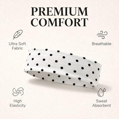 Black and White Polka Dot Sports Headband Set - Elastic Wide Fabric Non Slip Hair Band for Women, Gym, Yoga, Fitness, Running, Daily Wear, Workout Travel Styling, Soft Retro Stretch Headband — view 2