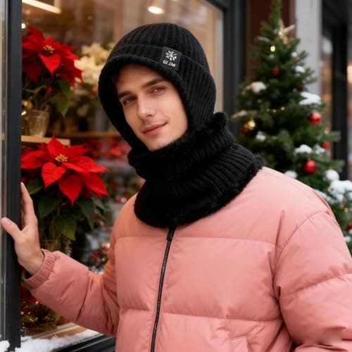 YCZARD Winter Beanie Hat Neck Warmer Set, Windproof Thermal Fleece Line Warm Winter Hat and Scarfs Set for Men & Women Running Jogging Skiing Cycling Black — view 3