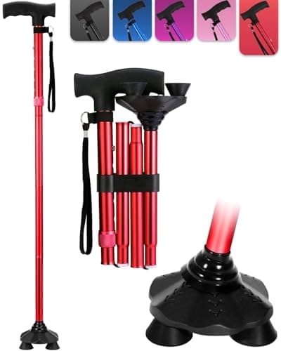 Walking Stick for Women, Folding Adjustable Walking Sticks for 5.2FT-6.1FT Ladies, Free Standing Cane with Pivot Tip, Collapsible Walking Stick for Elderly