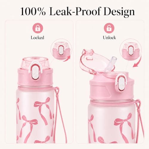 Pragma Pink Bow Sports Water Bottle with Straw & Lanyard, 750ml BPA Free Leakproof One-Click Flip Top Plastic Drinks Bottle for Cycling School Gym Travel Climbing Hiking Outdoor Gift for Women Girls — view 3