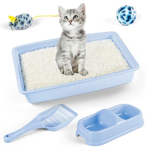 PAWISE Cat Accessories Set of 4 Cat Accessories Including Litter Tray, Litter Scoop, Bowl and Kitten Toy, Kitty Starter Kit, 14.5 x 10.5 Inches, Blue — view 3