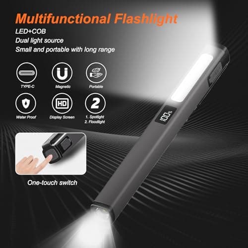 flintronic 1PC Mini Torch, USB Rechargeable Flashlight, Pocket Pen Torch Light Torches, with Pocket Clip & Digital Display, Waterproof, for Inspection, Workshop, Repair, Hiking, Grey — view 3