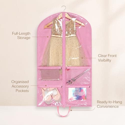 Dance Costume Garment Bag 40 Inch,Pink Hanging Ballet Recital Tutu Dress Cover,Foldable Dance Clothes Carrier for Shoes Tights Leotard Accessories, Girls Women Competition Travel Suit Bag — view 2