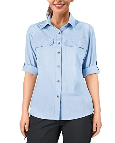 33,000ft Women's Hiking Shirts UPF50+ UV Protection Outdoor Shirt Quick Drying Casual Shirt Long Sleeve Functional Shirt Fishing Shirt for Walking Safari Travel Golf Light Blue M