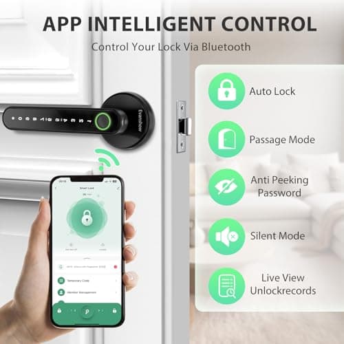 EVANSHOW 5-in-1 Keyless Entry (APP/Fingerprint/Code/IC Card/Key) Smart Door Knob Fingerprint Lock Biometric Door Lock for Home/Bedroom/Office — view 6
