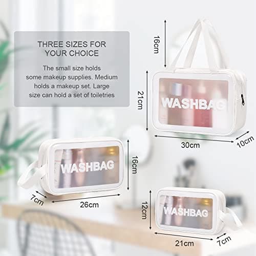 Aucuu 3PCS Clear Toiletry Bag, Wash Bag, Clear PU Makeup Bags, Waterproof Toiletry Travel Bags with Zipper Handle, Portable Airport Cosmetic B-ag for Travel Bathroom Men Women (White) — view 4