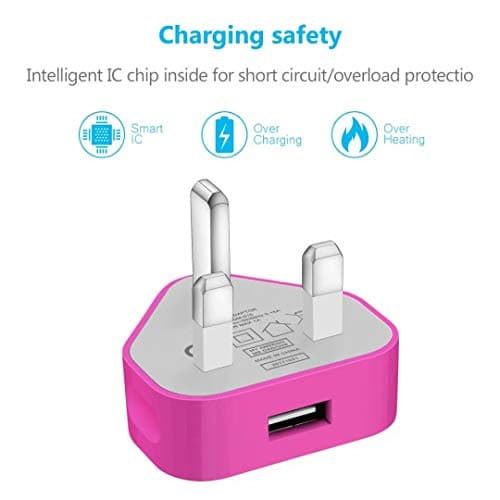USB Compact Universal UK Mains Charger 1000 mAh CE Approved Adapter Cable Compatible with Mobile Phones iPhone 5 6 7 8 X iPod/Samsung Galaxy S2 S5 S6 S7 S8 S9/Smart phones/Media devices (Hot Pink) — view 3