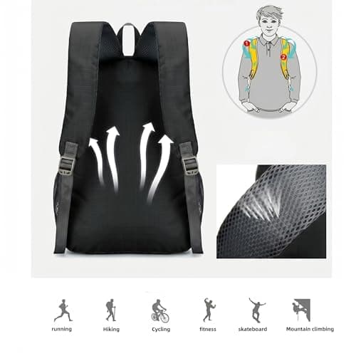 ROSSRORE Foldable Backpack 20L, Ultra Lightweight Packable Travel Daypack for Men Women Hiking Camping, Water Resistant Rucksack Folds into Pocket for Outdoor Sports Travelling Solid Black — view 5