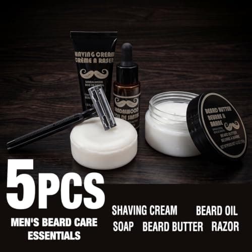 Rinse & Robust Beard Care Kit for Men, 6PC Sandalwood Beard Grooming Kit with Beard Oil, Shaving Cream, Razor, Soap, Beard Butter & Storage Bag, Shaving Kit for Men Gifts, Birthday Gifts for Him — view 2