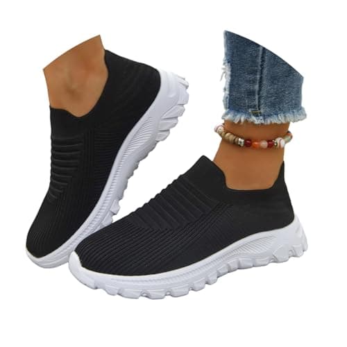 Generisch Breathable Knitted Sneakers for Couples, Unisex Slippers, Lightweight and Comfortable Shoes with Flat Sole, black, 8.5 UK