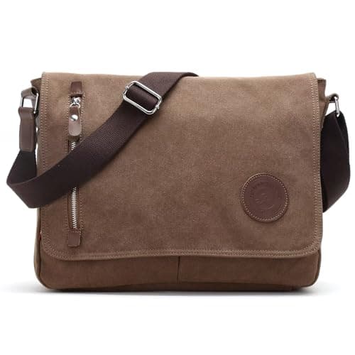 Classic Messenger Bags for Men Vintage Canvas Genuine Leather Ornamental Shoulder Bag Daily Commuting, Travelling, College Bag Flip Lid Design + Large Opening for Easy Access to Items at All Times