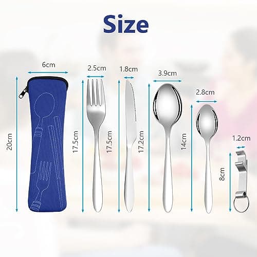 Vicloon 5 Pcs Cutlery Set with Portable Pouch Case, Stainless Steel Flatware Set with Bottle Opener, Travel Cutlery Set with Spoon, Knife, Fork, for Camping Picnic Office School Lunch, Dark Blue — view 2