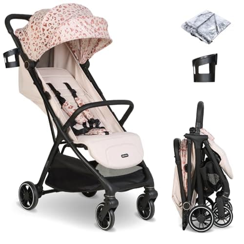 My Babiie MBX6 Autofold Stroller – from Birth to 4 Years (22kg), Foldable & Compact, Lightweight, Travel Buggy for Toddlers, Pushchair Includes Rain Cover - Pink Leopard