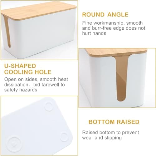Cable Tidy Box White Cable Box with Bamboo Lid Cable Organiser Cable Management Box for Hiding Cables and Plugs — view 3