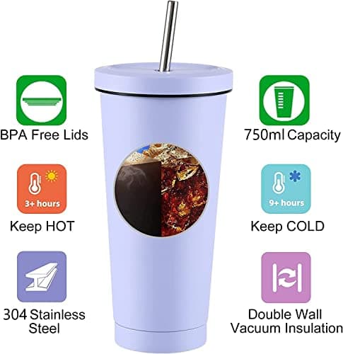 LATERN Iced Coffee Tumbler with Lid and Straw, 750ml Insulated Stainless Steel Cup Double Wall Vacuum Travel Coffee Mug Reusable Water Cup Keeps Drinks Cold & Hot (Light Purple, 1Pcs) — view 2