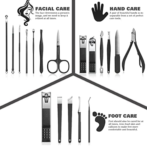 Manicure Set Nail Clippers Kit For Women&men 18 in 1 Professional Stainless Steel Pedicure Care Tools Kit Nail Cutter Set Scissors Grooming Kit With Black Leather Travel Zip Case(Black White) — view 3