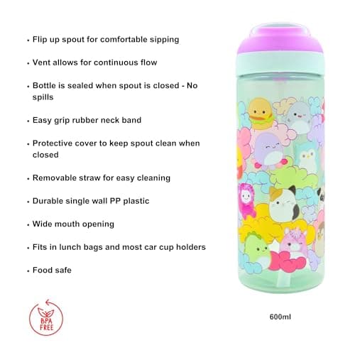 HOX Squishmallows 600ml Kids Water Bottle with Flip Spout Lid, Straw & Carry Loop – Cute Pastel Kawaii Design, Leak Resistant School Drink Bottle, BPA Free Travel Cup for Children — view 4