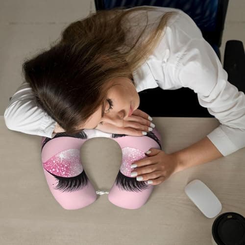 AUGUSTRUSH Memory Foam Neck Pillow - Travel Pillow With Adjustable Clasp, Removable Washable Cover For Airplane Office Car, Ergonomic Support Comfortable U-Shaped Pillow, Rose Gold Eyelashes Print — view 6