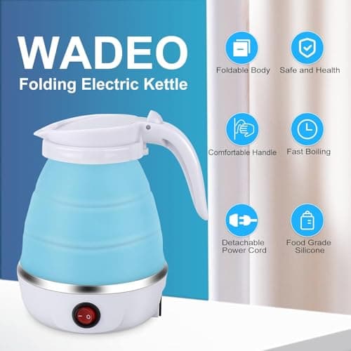 Foldable Electric Travel Kettle,600ml Portable Kettle Silicone Collapsible Heating Water Boiler Tea Pot for Camping,Easy for Storage with Separable Power Cord (Blue) — view 3