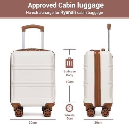Kono 15 Inch Ryanair 40x30x20 Carry On Hand Luggage, Lightweight Hard Shell Cabin Bag, Small Suitcase with 4 Spinner Wheels (Cream/Brown) — view 2