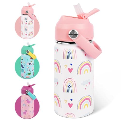 AMFUN 350ml /12oz Kids Insulated Water Bottle with Straw Lid,Small Flask Vacuum Insulated,Upgraded Leak Proof Lid with Straw & Handle for Boys Girls Hot Cold Drinks,BPA-Free (Rainbow)
