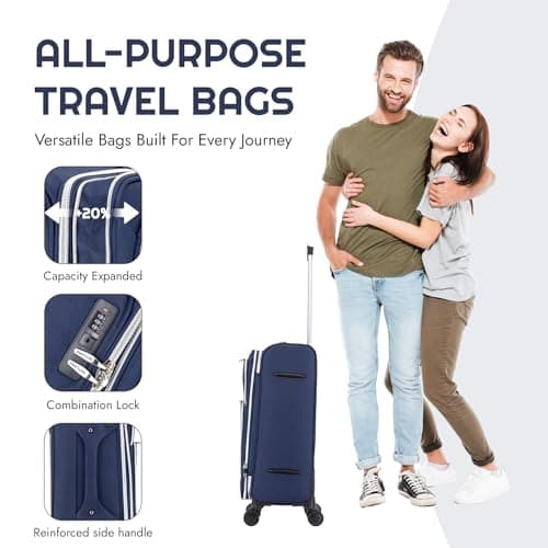 Skylark Carry-on 20" Lightweight Soft Expandable Suitcase, Hand Luggage 4 Wheels & Combination Lock, 55x35x20cm | Accepted All Airlines easyjet, RyanAir, British Airways (Navy, 36 litres) — view 4