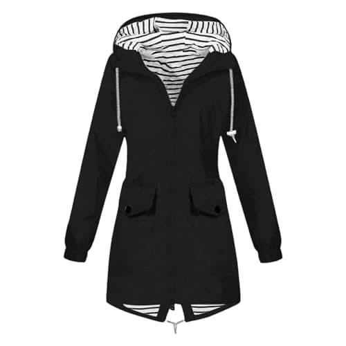 Waterproof Jacket Women Long Hooded – Softshell Rain Coat with Adjustable Waist & Cuffs, Breathable Windbreaker for Summer Spring Autumn, Ladies Lightweight Jacket S-5XL Black Navy Green