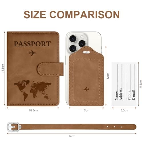 OFFCUP Passport Holder Cover, PU Leather Passport Cover and Luggage Tag Set with RFID Blocking Travel Wallet, Universal Travel Wallet Case Organiser for Money, Boarding Passes, Credit Cards Brown — view 2