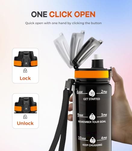 Gylinm 1L Water Bottle Made of BPA-Free Tritan Material, Sports Water Bottle with Removable Straw & Hydration Time Markerings, Ideal for Gym, Travel, Home, School and Outdoor Activities - Black-Orange — view 5