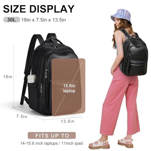 LATMAP 30L Backpack Purse for Women 45x35x19cm,Vegan Leather Backpack Ladies Laptop College Daypack Work Handbag Travel fits 15.6" Laptop,Black — view 4