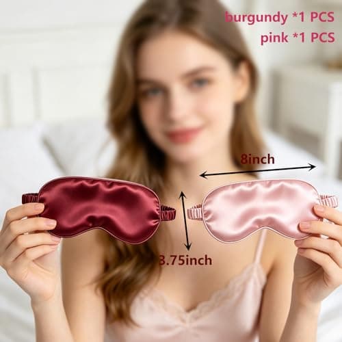 2 Pack Satin Sleep Mask for Women, Pink & Burgundy Silk-Like Eye Mask with Elastic Strap, Light Blocking Soft Eye Cover for Night Sleep, Travel, Office Nap — view 2