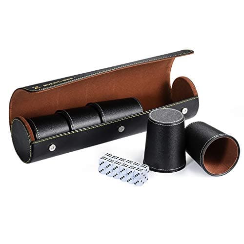 X SIM FITNESSX Leather Dice Cup Set, 5 Black Leather Dice Cups + 25 Dice + Exclusive Storage and Transport Case Made of Faux Leather with Magnetic Closure