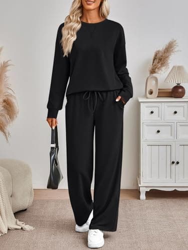 AUTOMET Womens Sweatsuits 2 Piece Sets Travel Outfits 2026 Fall Matching Lounge Set Oversized Sweatshirt Wide Leg Pants, Black, Medium — view 2