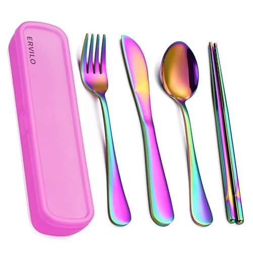 Travel Cutlery Set with Case, Stainless Steel Camping Utensils, Reinforced Case with Snap-Lock Closure, Include Fork Spoon Knife Chopsticks, Portable Lunch Box Silverware for Picnic Office, Rainbow