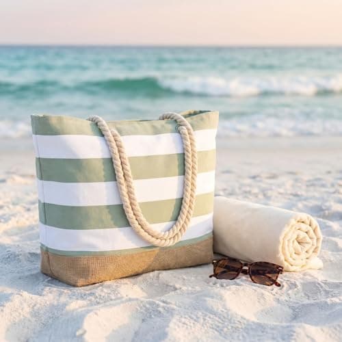 Kideerly Beach Bags for Women Large Tote Bag with Zip, Striped Canvas Beach Tote Bag with Rope Handles, Summer Holiday Pool Travel Shopping Bag — view 3