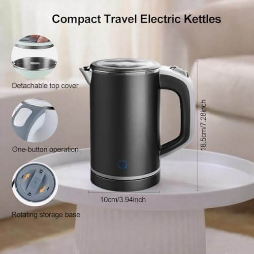 Zoravson 600W Travel Kettle Electric, 800ml Small Kettle, Portable Kettles, Auto Shut-Off & Boil-Dry Protection,UK Plug,Low Wattage Stainless Steel Kettles for Motorhome,Office,Hotel,Dorm-Black — view 5
