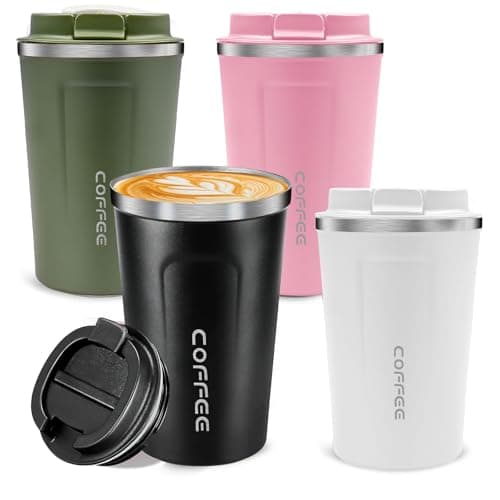 4 Pack Travel Coffee Mugs, 380ml Reusable Insulated Mug with Leakproof Lid