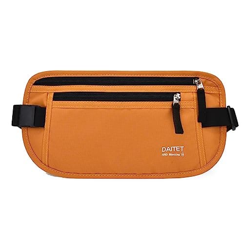RFID Blocking Money Belt for Men Women, Slim Fanny Pack for Travel,Running,Conceal Waist Wallet for Passport Holder,Phone,Cash(Brown Orange)